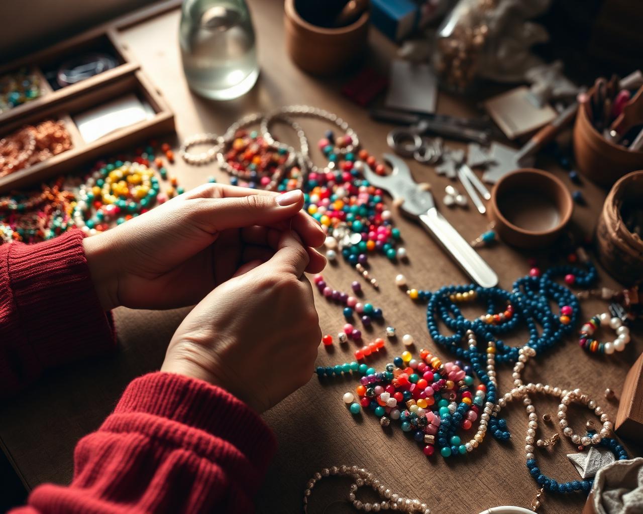 Hands making beaded jewelry